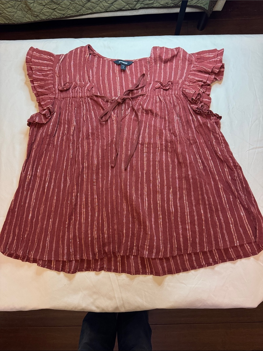 Express Rust Red Striped Ruffle Sleeve Top